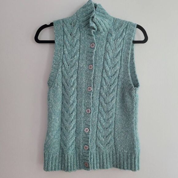L.L. Bean wool blend mock neck cable knit vest button down cottage grandma - Picture 1 of 9